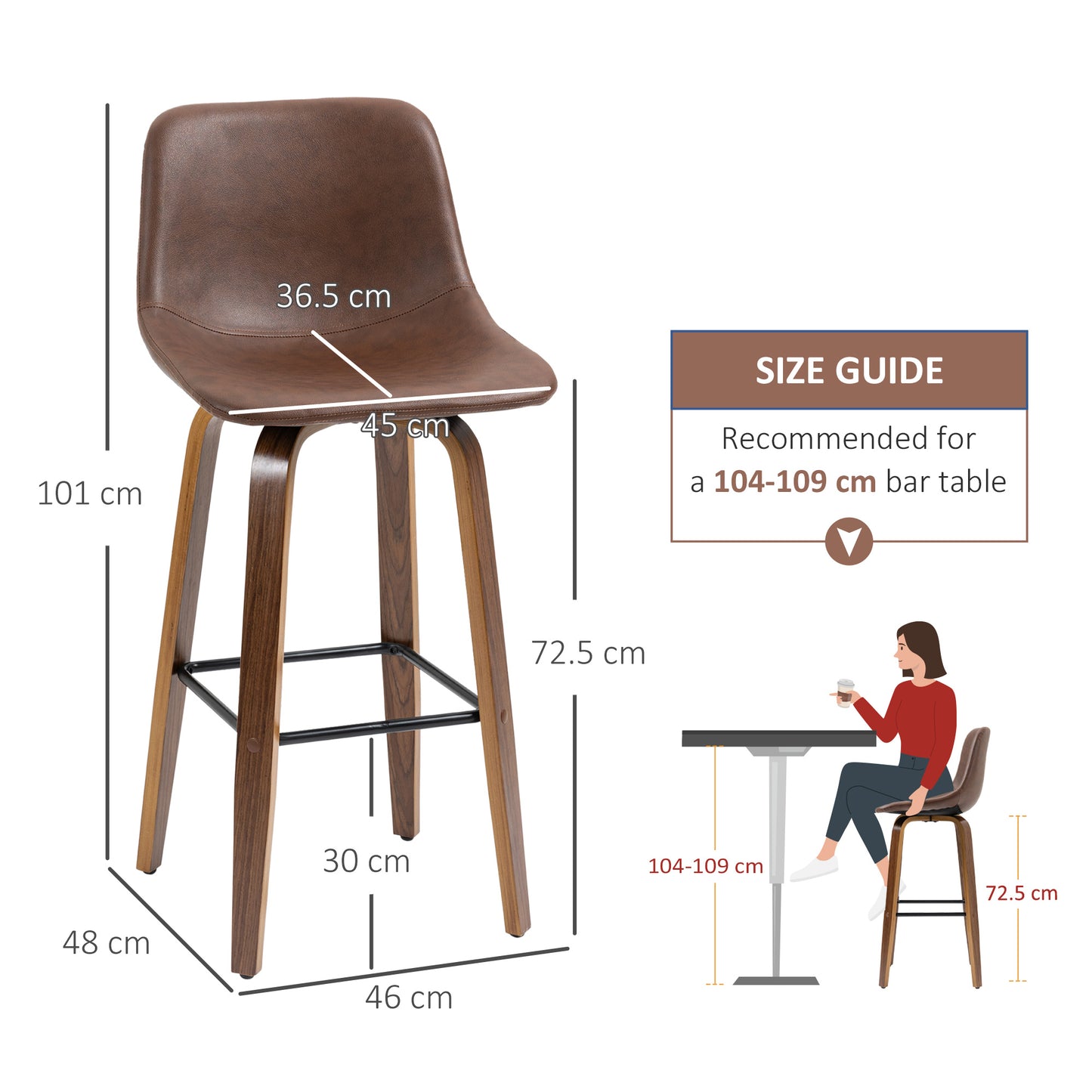 HOMCOM Bar Stools Set of 2, Breakfast Bar Chairs, PU Leather Upholstered Kitchen Stools w/ Backs, Wood Legs for 89-99cm Bar Table, Brown