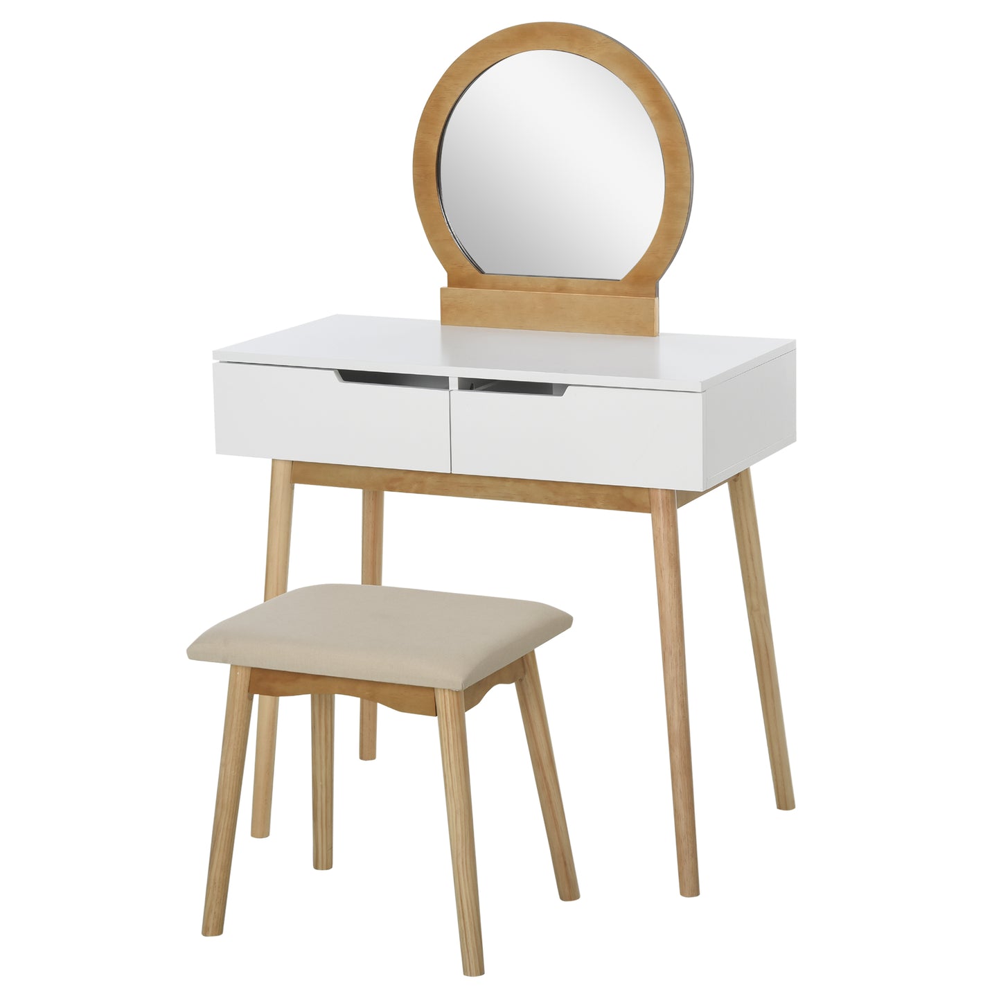 HOMCOM Dressing Table & Stool Set w/ Drawers Mirror Modern Elegant Vanity Makeup Padded Seat Home Bedroom Beauty Furniture Natural Brown