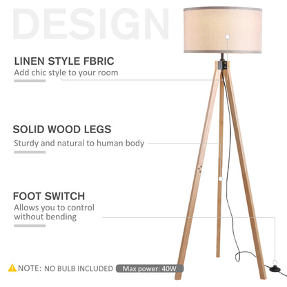 HOMCOM 5FT Elegant Wood Tripod Floor Lamp Free Standing E27 Bulb Lamp Versatile Use for Home Office - Grey