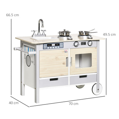 HOMCOM Kids Kitchen Play Cooking Toy Set, Educational Pretend Role Playset Game with Wheels, Sink, Cooking Bench, Drawers, Nature Wood