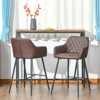 HOMCOM Set of 2 Bar stools With Backs Retro PU Leather Bar Chairs w/ Footrest Metal Frame Comfort Support Stylish Dining Seating Home Brown