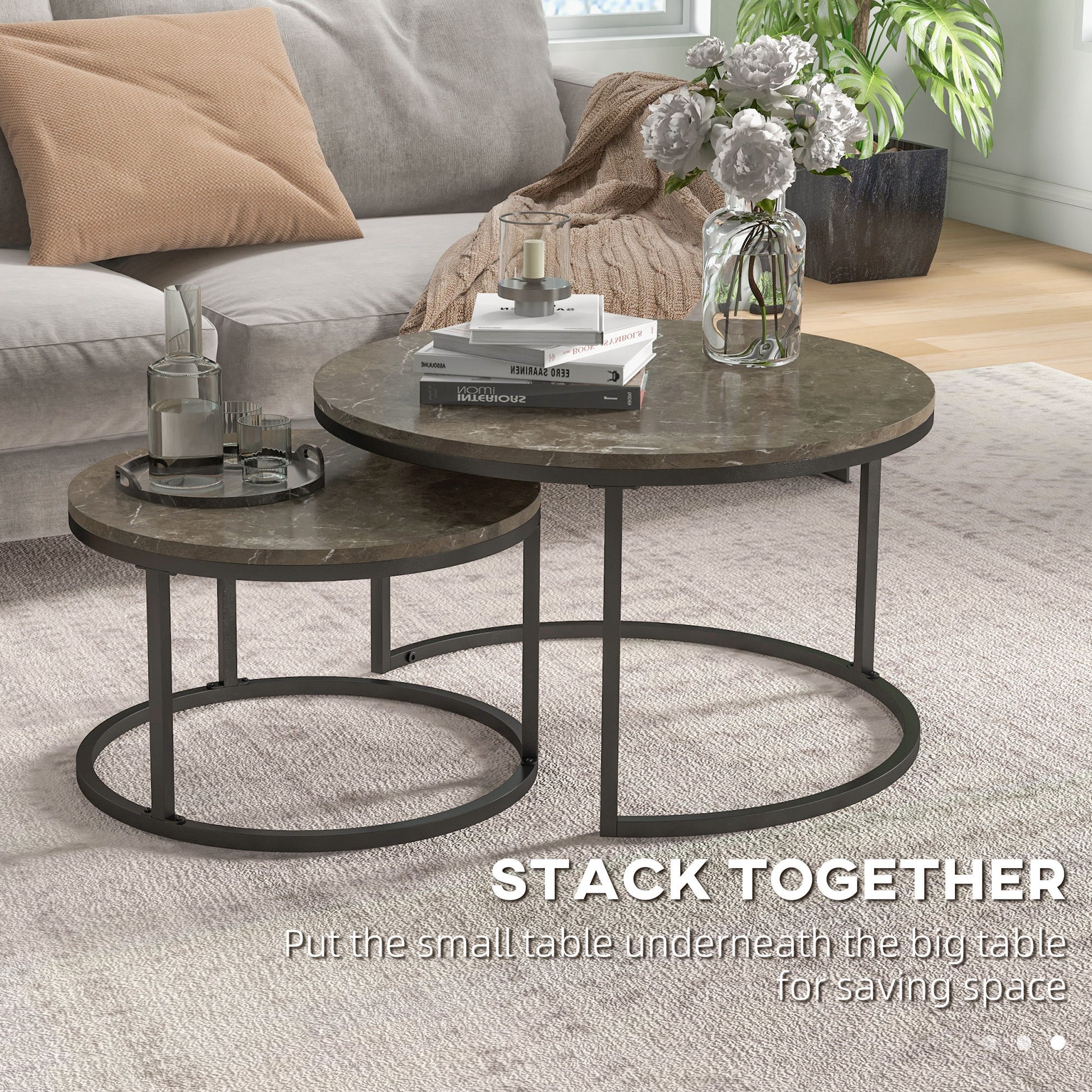 HOMCOM Industrial Nesting Coffee Table Set of 2, Round Coffee Tables, Living Room Table with Faux Marbled Top and Steel Frame