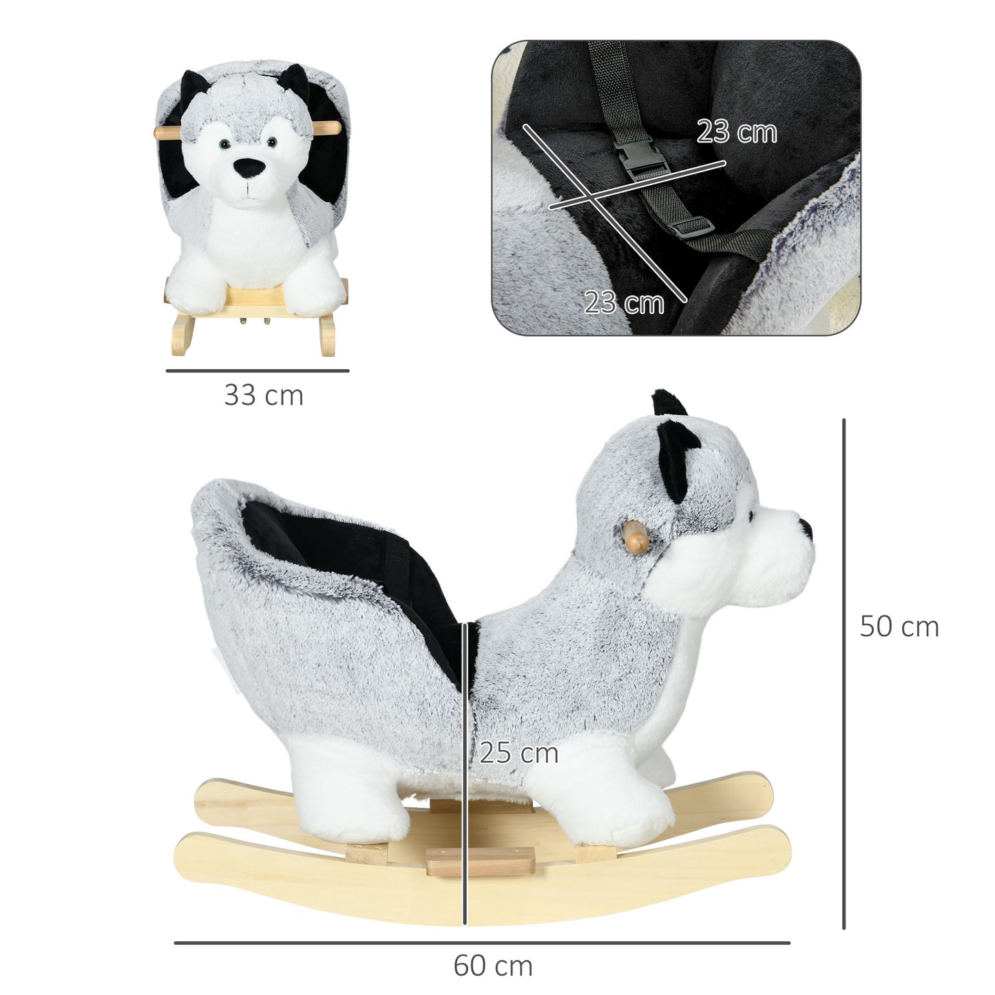 HOMCOM Baby Rocking Horse, Husky-shaped Plush Wooden Child Rocking Animal w/ Seat Belt, Ride on Toy for Kids 18-36 Months, Grey