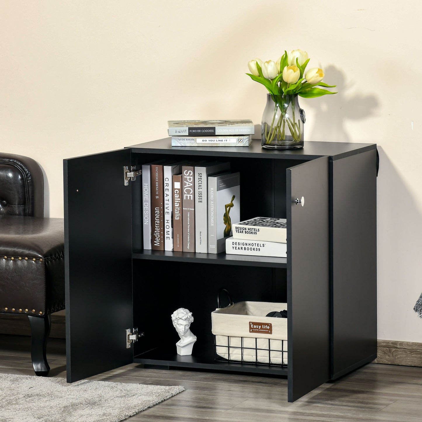 HOMCOM Storage Cabinet w/ Two Shelves Wooden Sideboard Freestanding Kitchen Cupboard Bookcase - Black