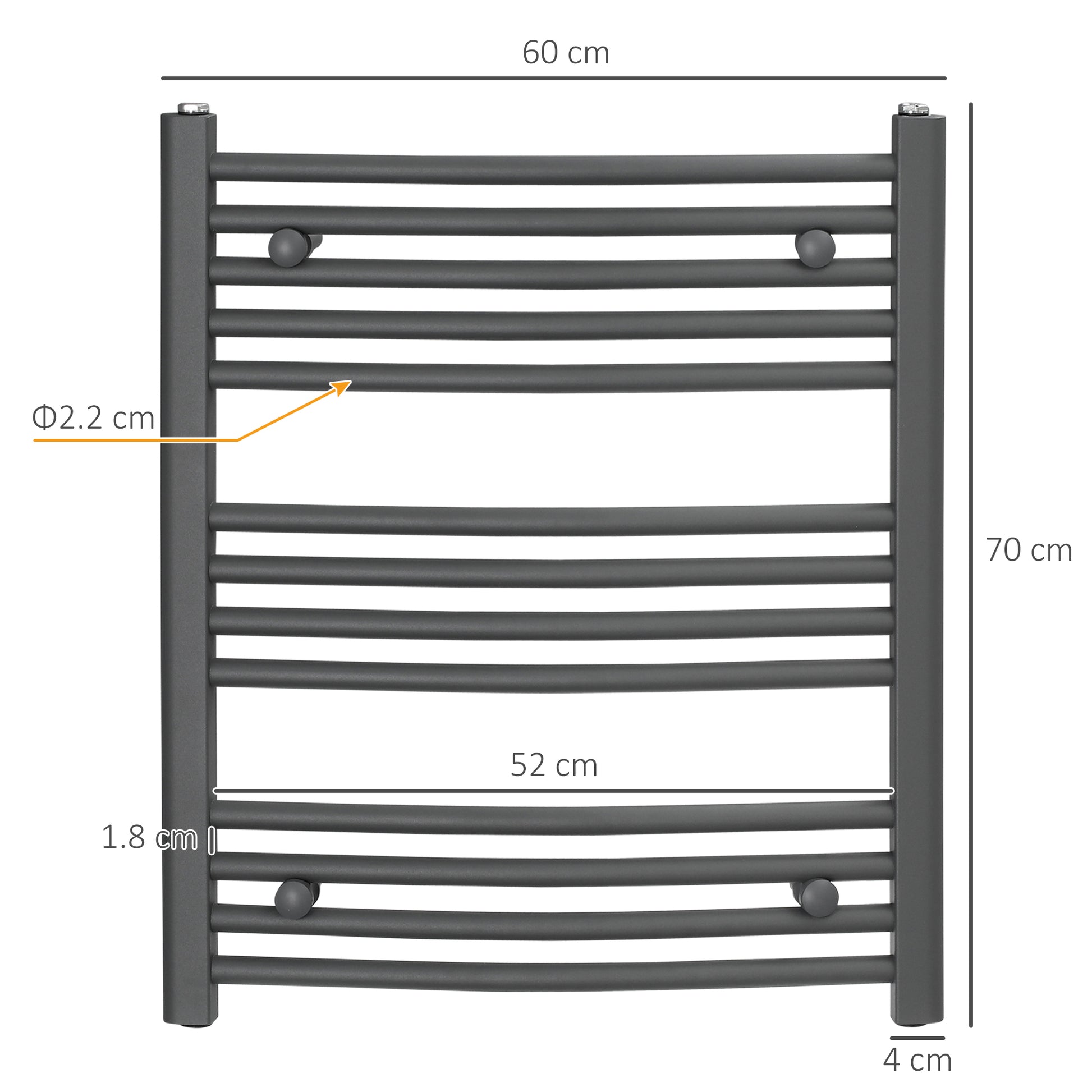 HOMCOM Straight Heated Towel Rail, Hydronic Bathroom Ladder Radiator Towel Warmer For Central Heating 600mm x 700mm, Grey