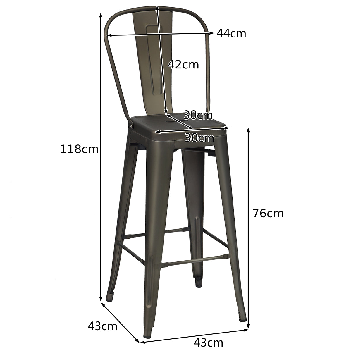 Metal Bar Stools with Removable Back, Rubber Feet for Kitchen, Bar, Restaurant-Gun