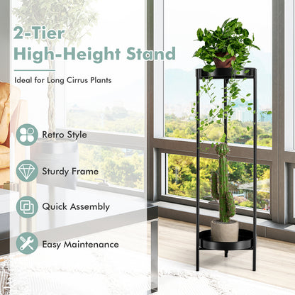 2-Tier Metal Plant Stand with Removable Trays for Home Patio-Black