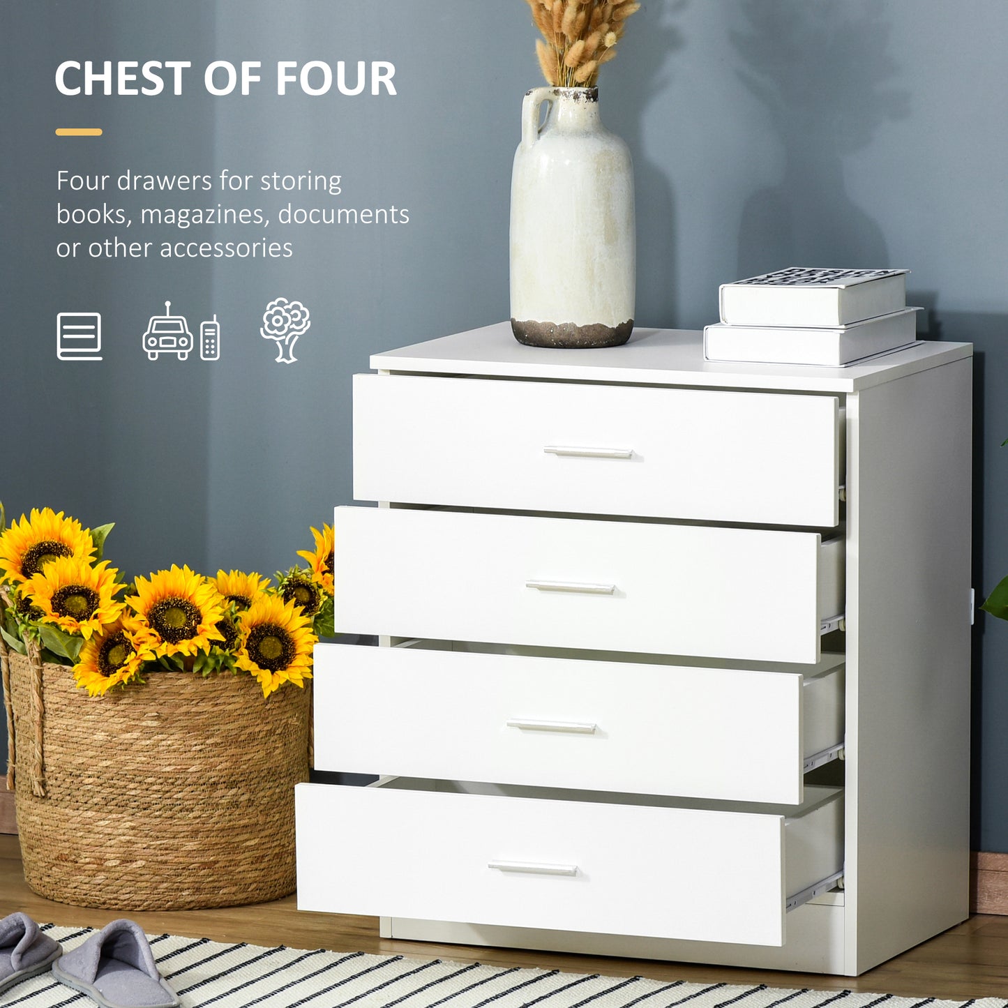 HOMCOM Storage Cabinet Vertical Drawer Chest of 4 w/ Metal Rails Anti-Tip for Playroom, Nursery Room, Hallway, etc