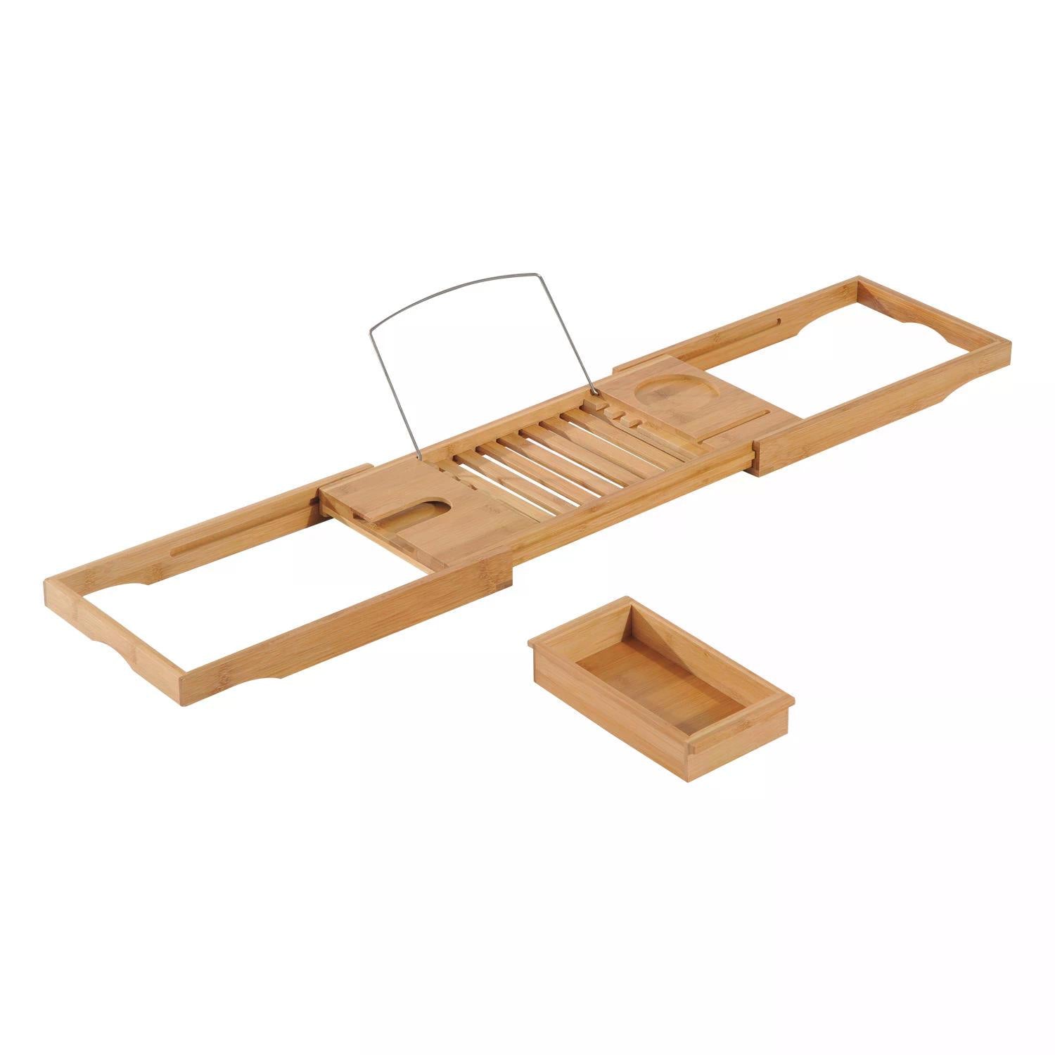 HOMCOM Extendable Bamboo Bathtub Shelf Rack Bath Caddy Tray Bathroom Storage 75-109Lx23.5Wx4T cm