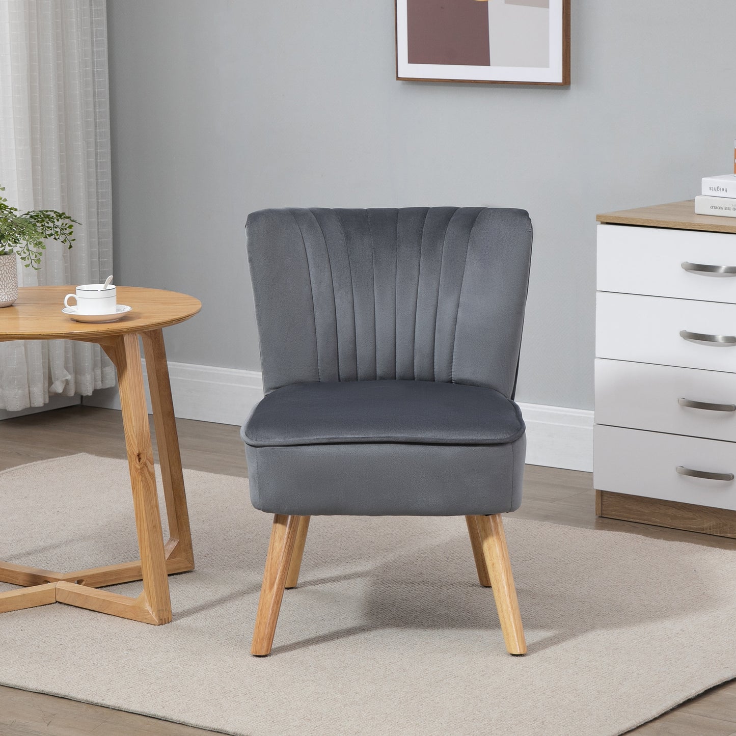 HOMCOM Modern Accent Chair, Fabric Living Room Chair with Rubber Wood Legs and Thick Padding, Grey