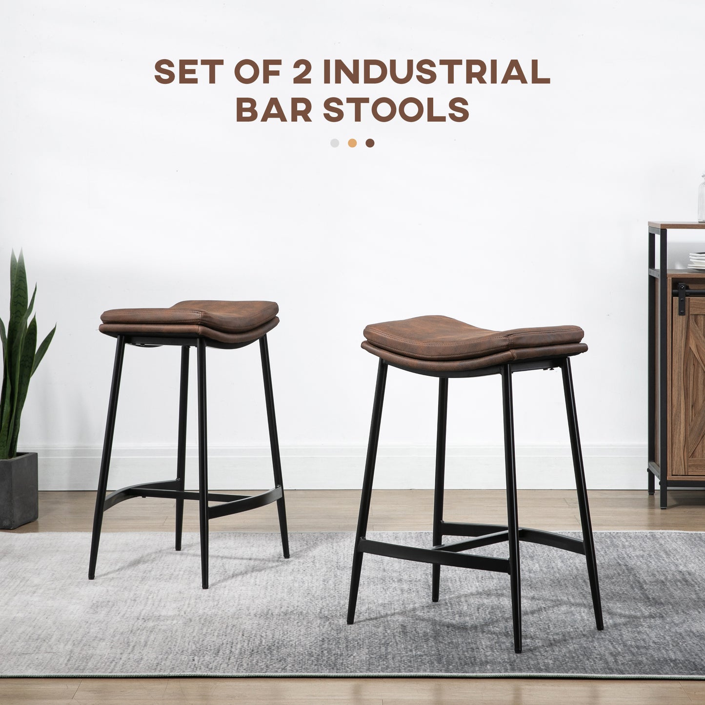 HOMCOM Breakfast Bar Stools Set of 2, Microfibre Upholstered Barstools, Industrial Bar Chairs with Curved Seat and Steel Frame