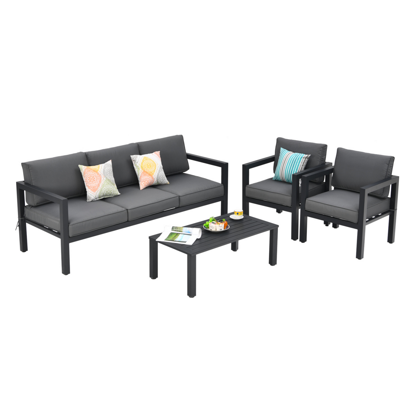 4 Pieces Garden Aluminum Furniture Set with Padded Cushions-Grey