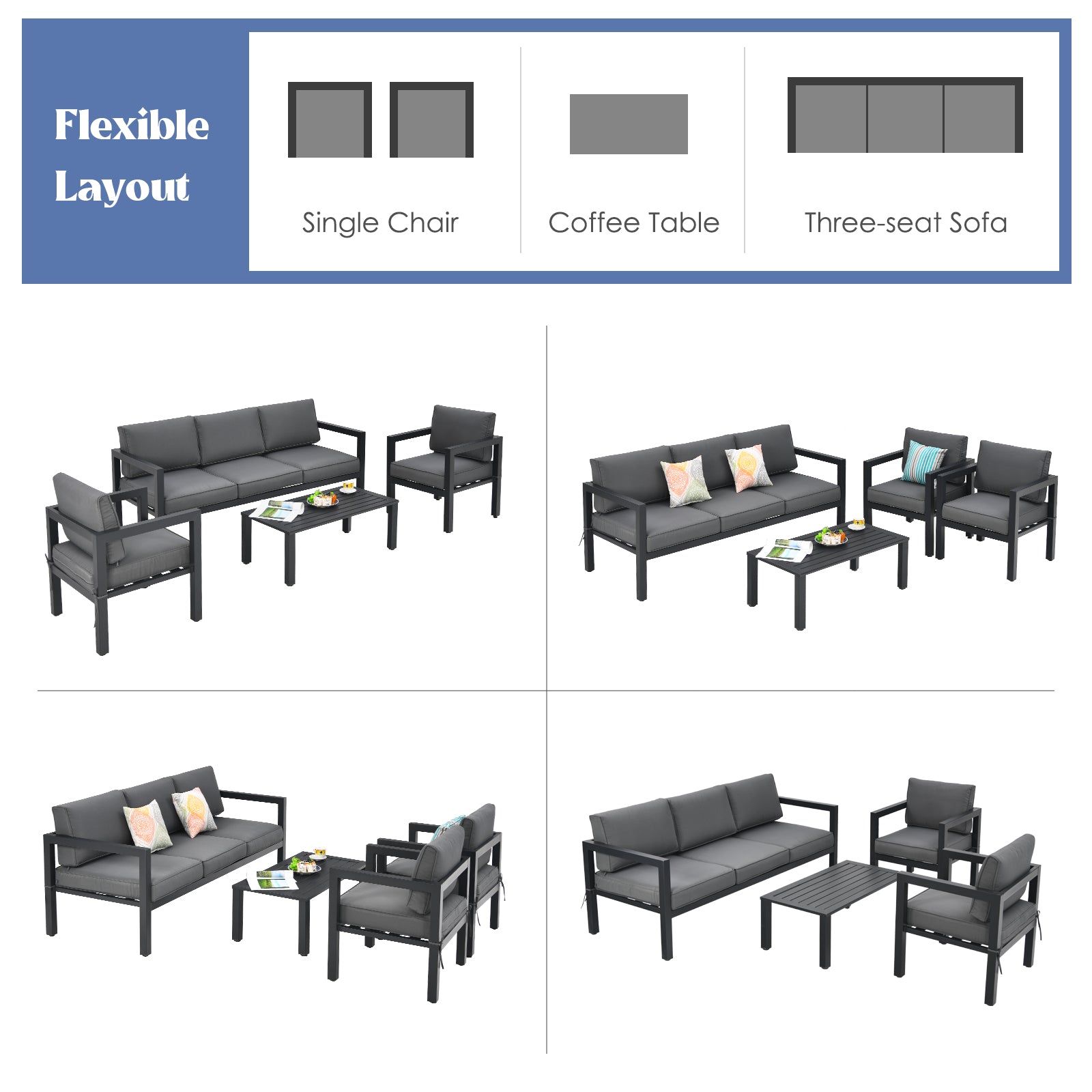 4 Pieces Garden Aluminum Furniture Set with Padded Cushions-Grey