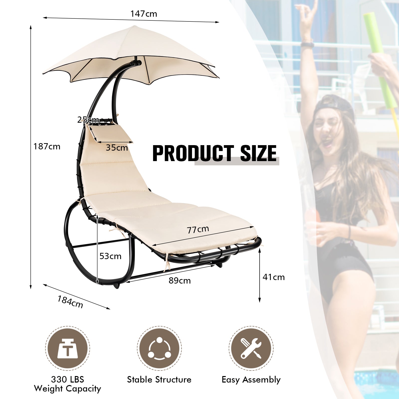 Outdoor Rocking Hammock Lounger Chair with Waterproof Canopy-Beige