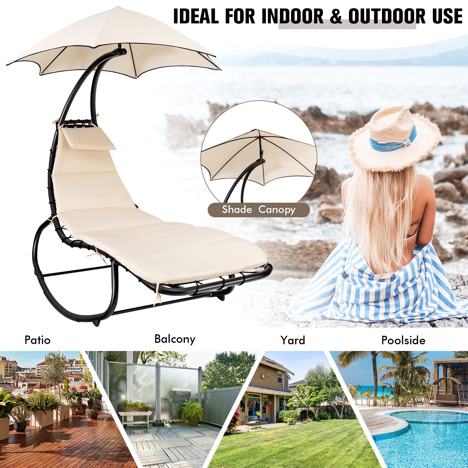 Outdoor Rocking Hammock Lounger Chair with Waterproof Canopy-Beige