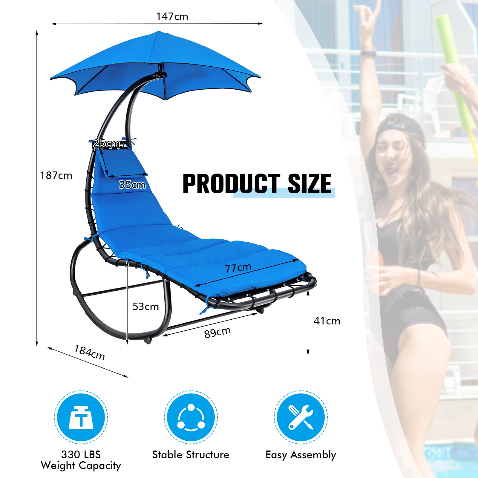 Outdoor Rocking Hammock Lounger Chair with Waterproof Canopy-Navy