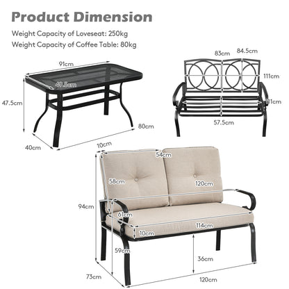 Garden Furniture Set with 2 Seat Cushioned Sofa and Coffee Table-Beige