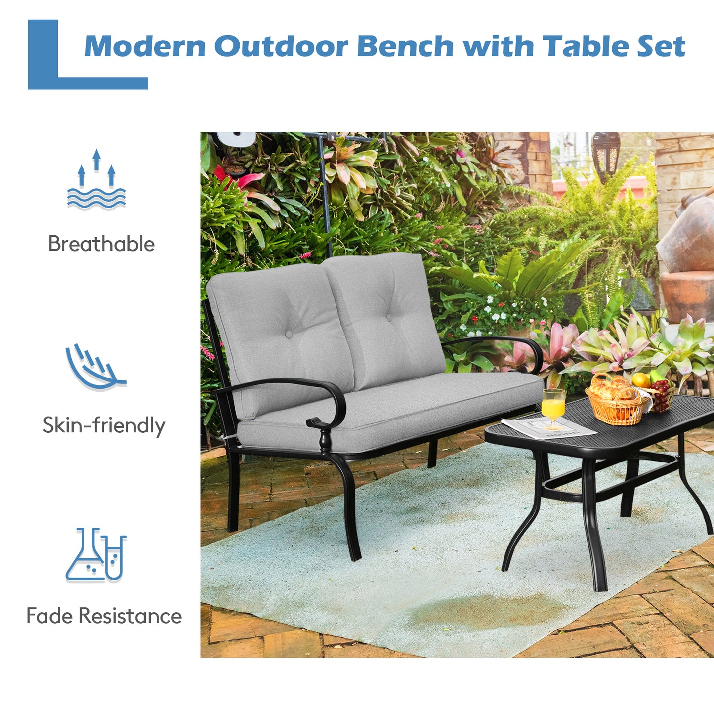 Garden Furniture Set with 2 Seat Cushioned Sofa and Coffee Table-Grey