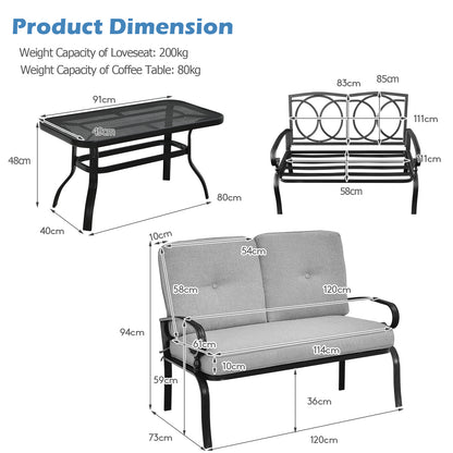 Garden Furniture Set with 2 Seat Cushioned Sofa and Coffee Table-Grey