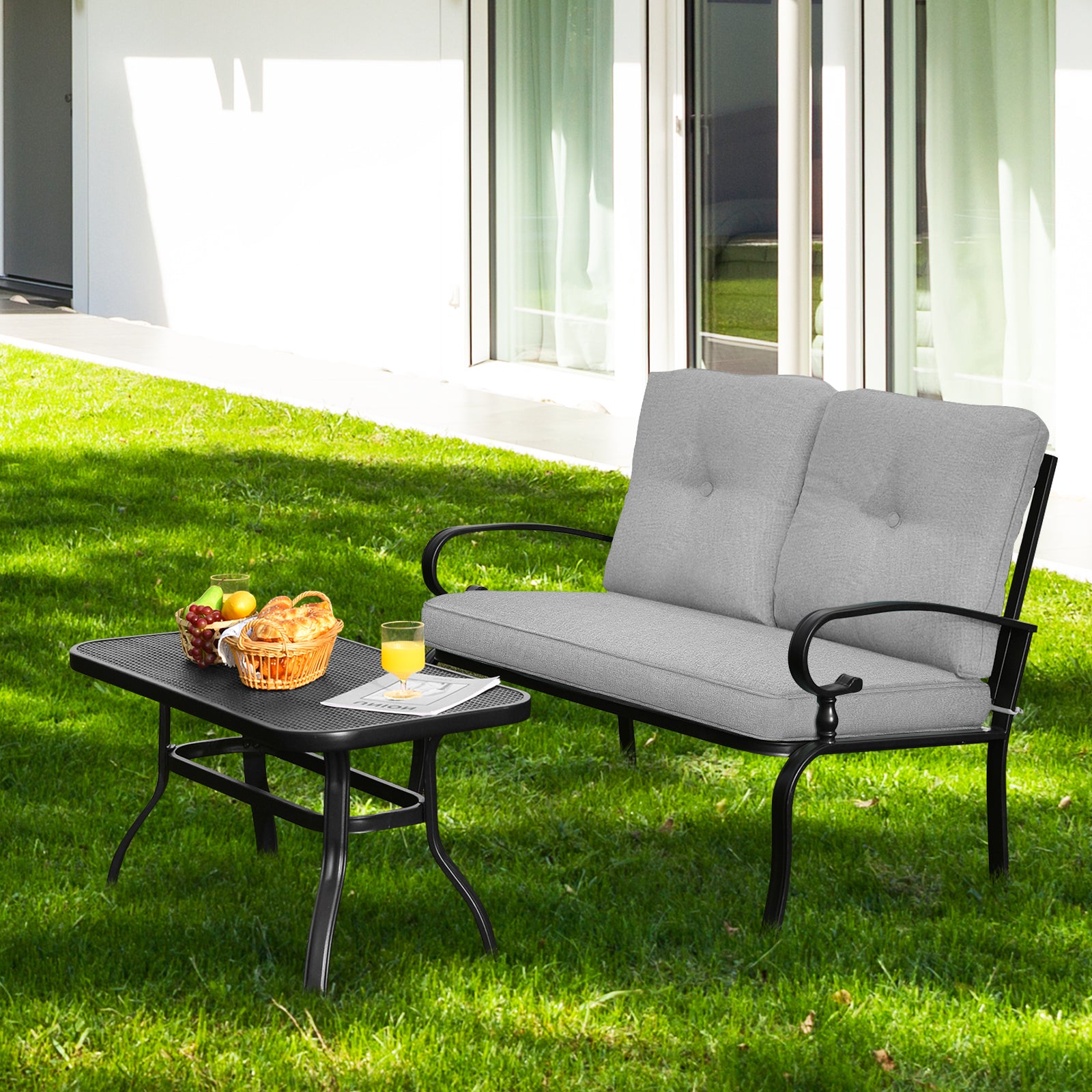 Garden Furniture Set with 2 Seat Cushioned Sofa and Coffee Table-Grey