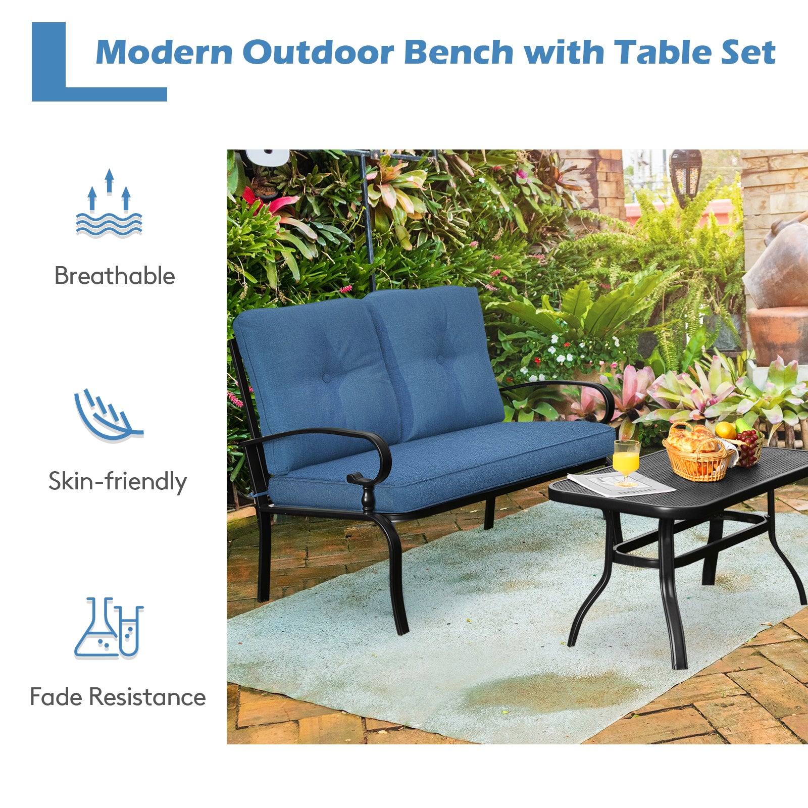 Garden Furniture Set with 2 Seat Cushioned Sofa and Coffee Table-Navy