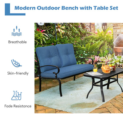 Garden Furniture Set with 2 Seat Cushioned Sofa and Coffee Table-Navy