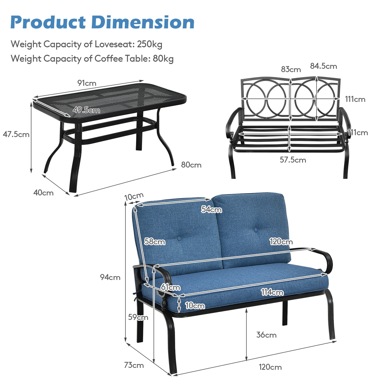 Garden Furniture Set with 2 Seat Cushioned Sofa and Coffee Table-Navy