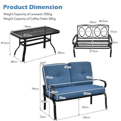 Garden Furniture Set with 2 Seat Cushioned Sofa and Coffee Table-Navy