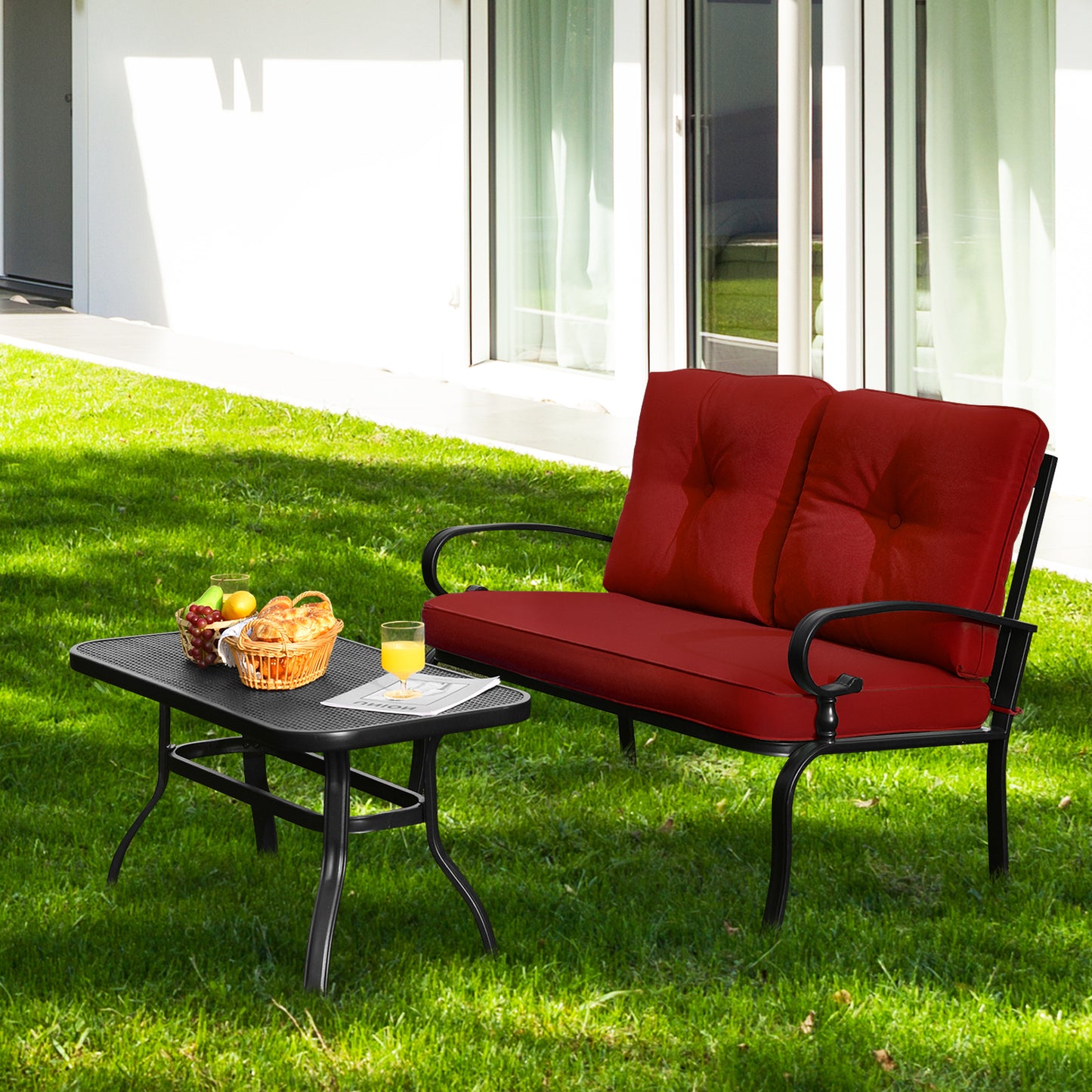 Garden Furniture Set with 2 Seat Cushioned Sofa and Coffee Table-Red