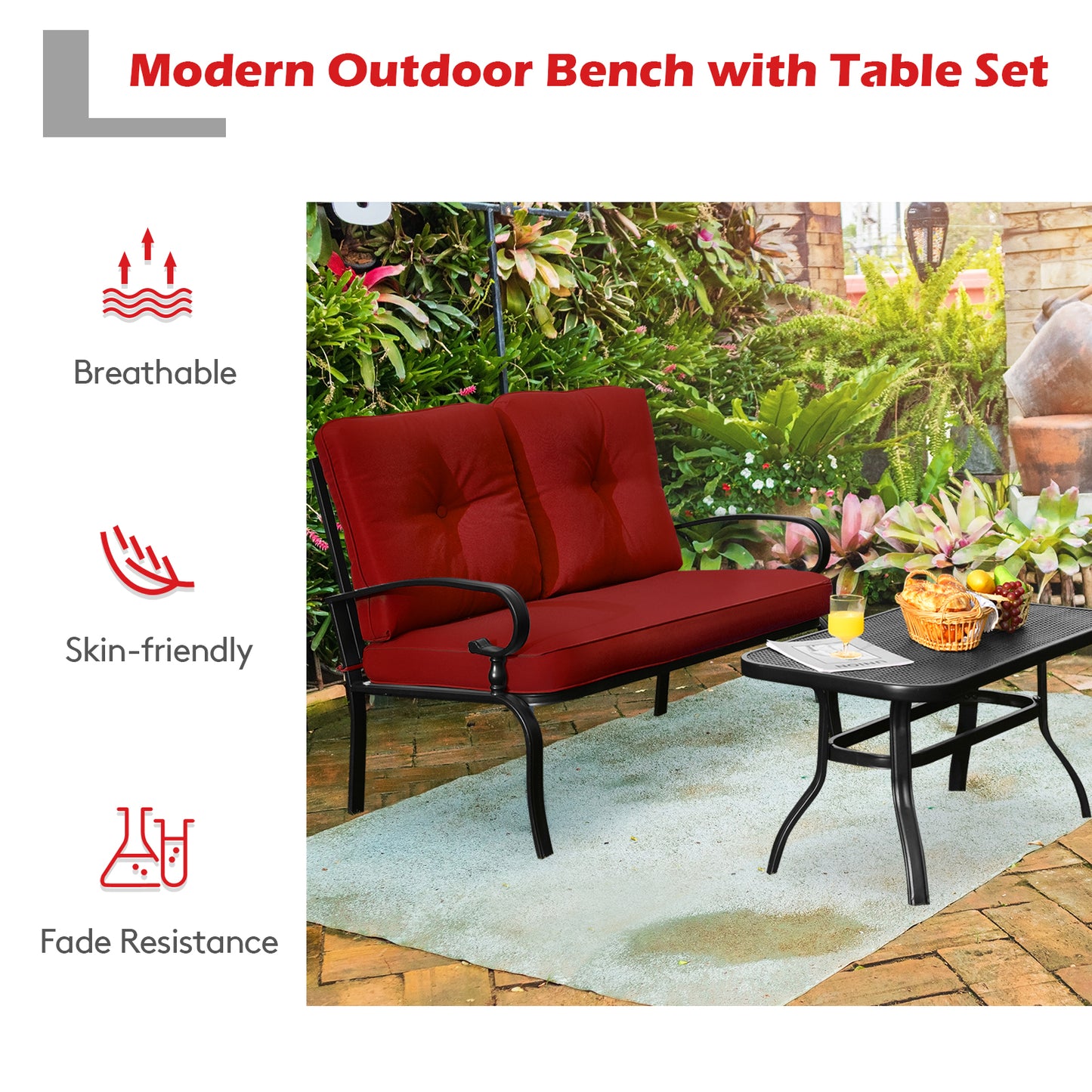 Garden Furniture Set with 2 Seat Cushioned Sofa and Coffee Table-Red