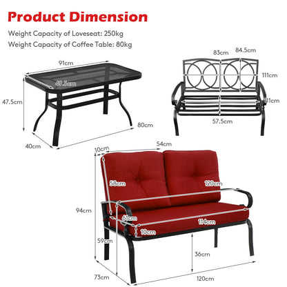 Garden Furniture Set with 2 Seat Cushioned Sofa and Coffee Table-Red