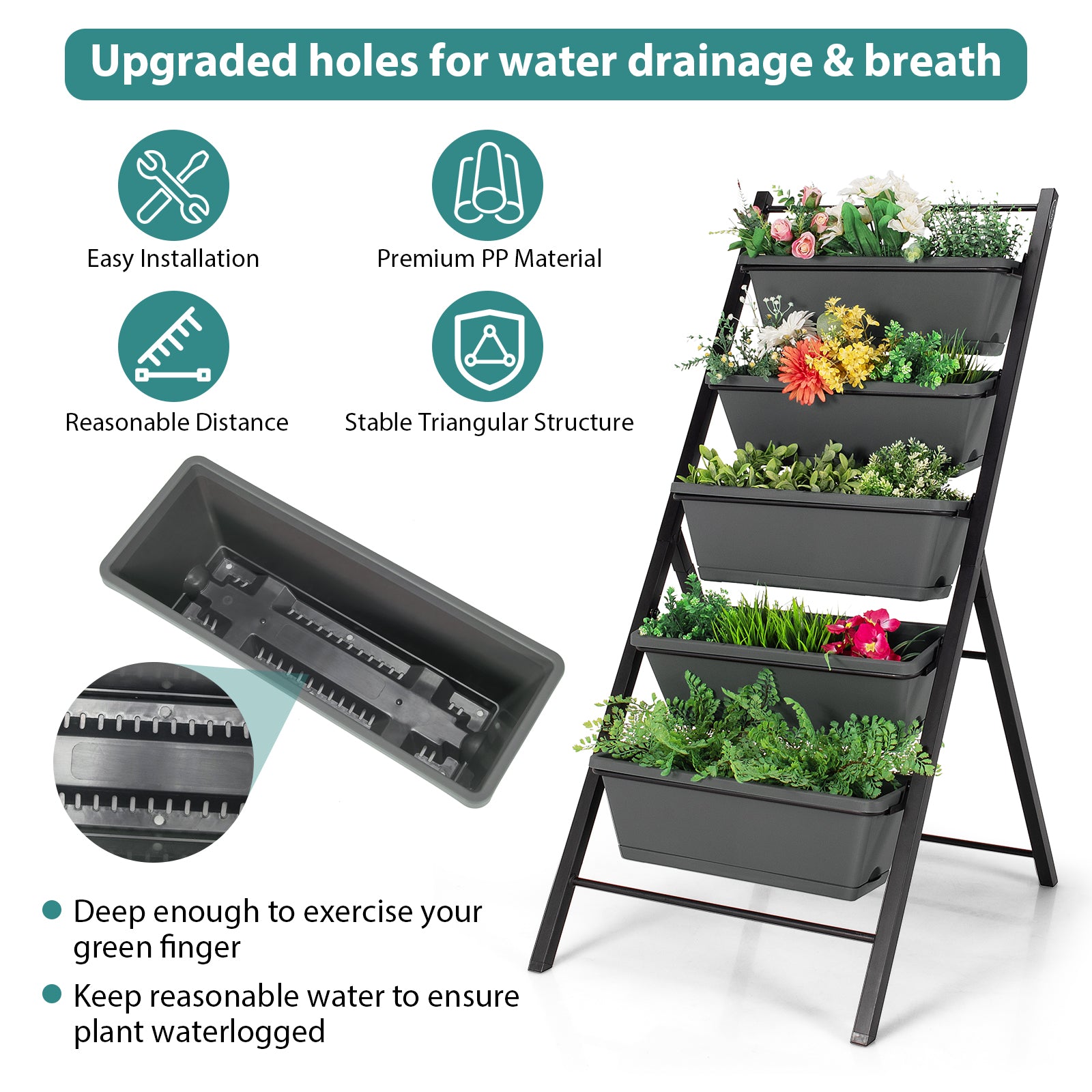 5-Tier Freestanding Garden Raised Planters with 5 Container Boxes-Black