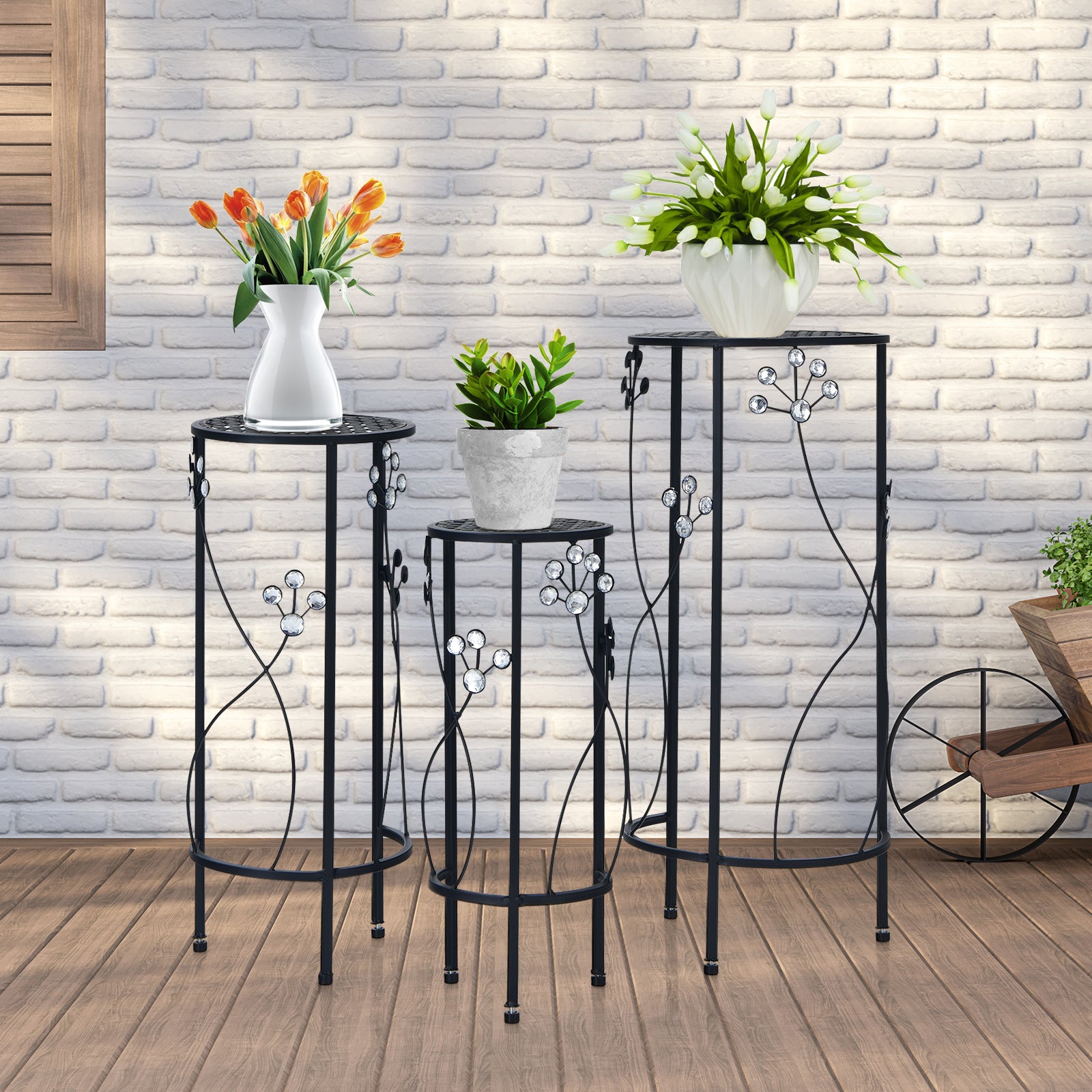 3 Pieces Round/Square Metal Plant Stand for Home Garden-Round