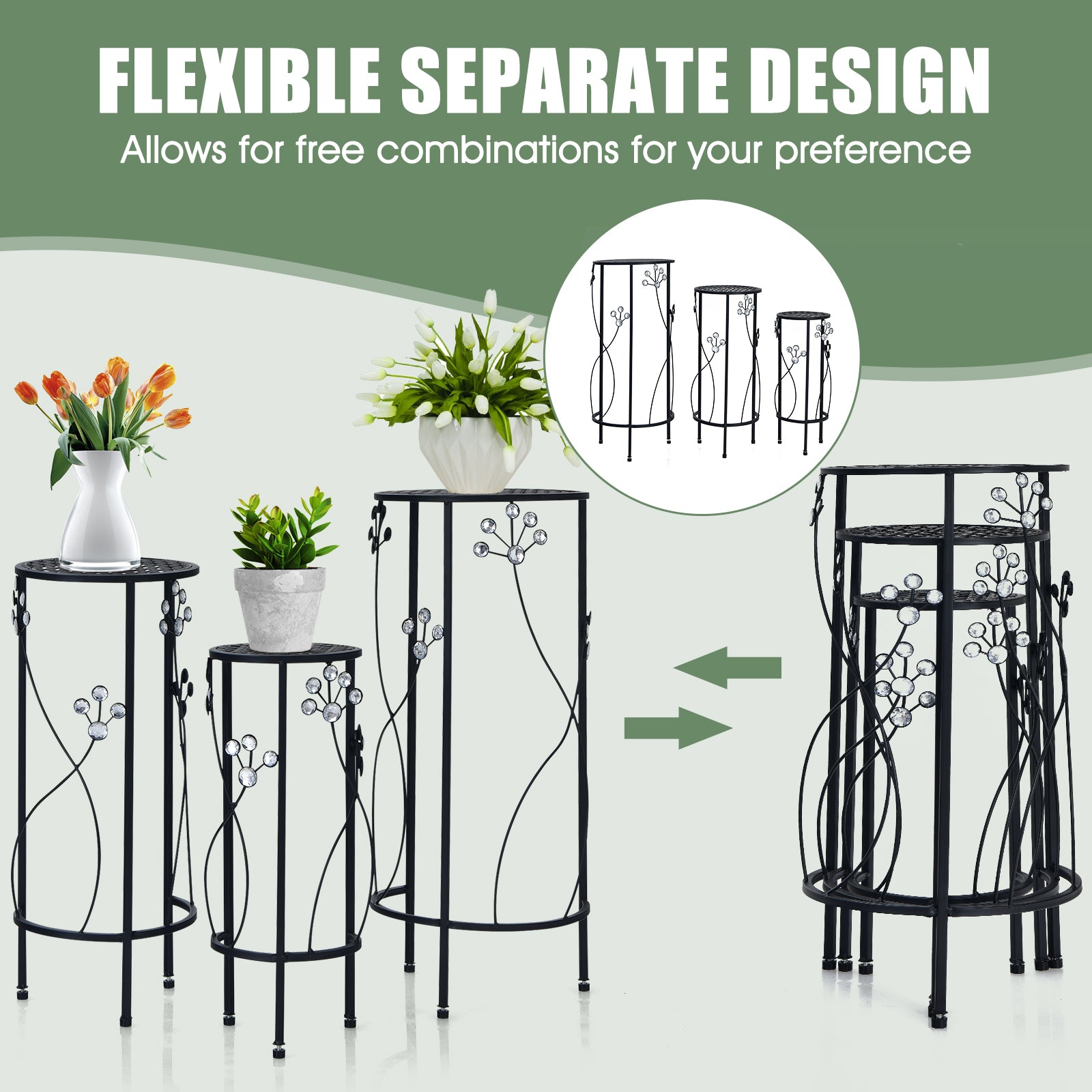 3 Pieces Round/Square Metal Plant Stand for Home Garden-Round