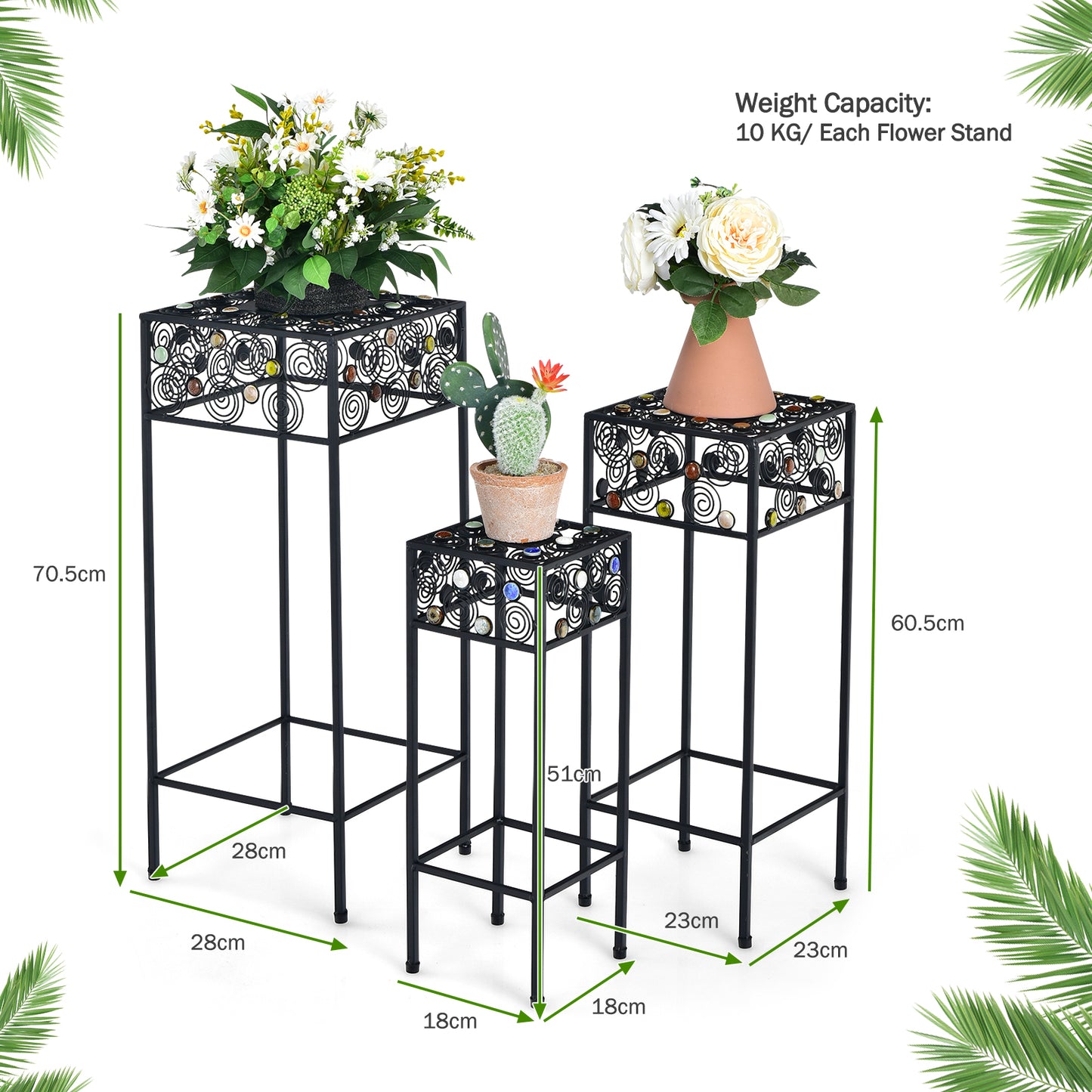 3 Pieces Round/Square Metal Plant Stand for Home Garden-Square