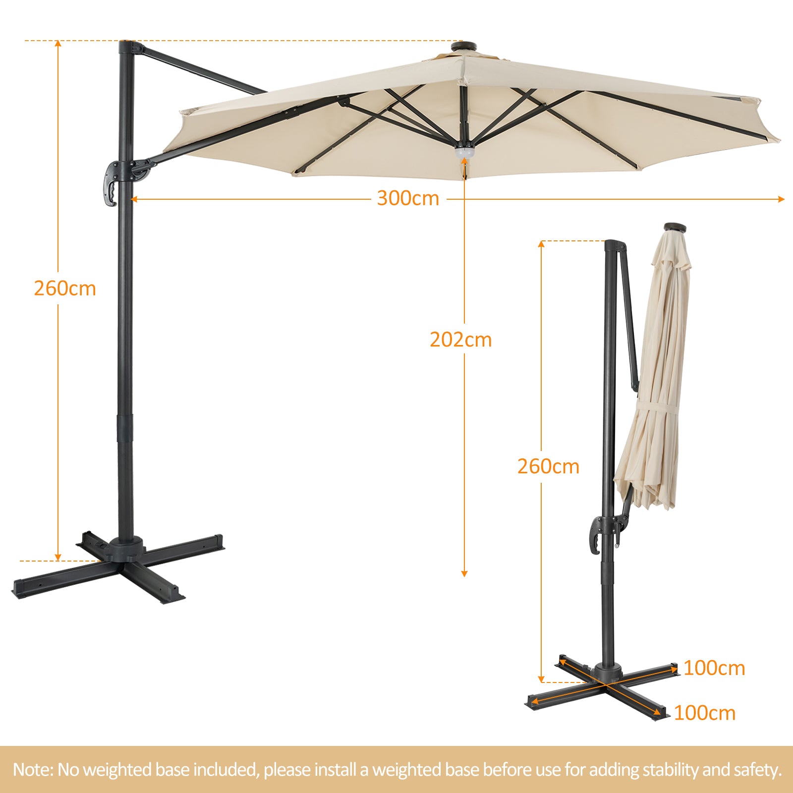 10 Feet Cantilever Solar Umbrella 28LED Lighted Patio Offset Tilt 360° for Outdoor-Beige