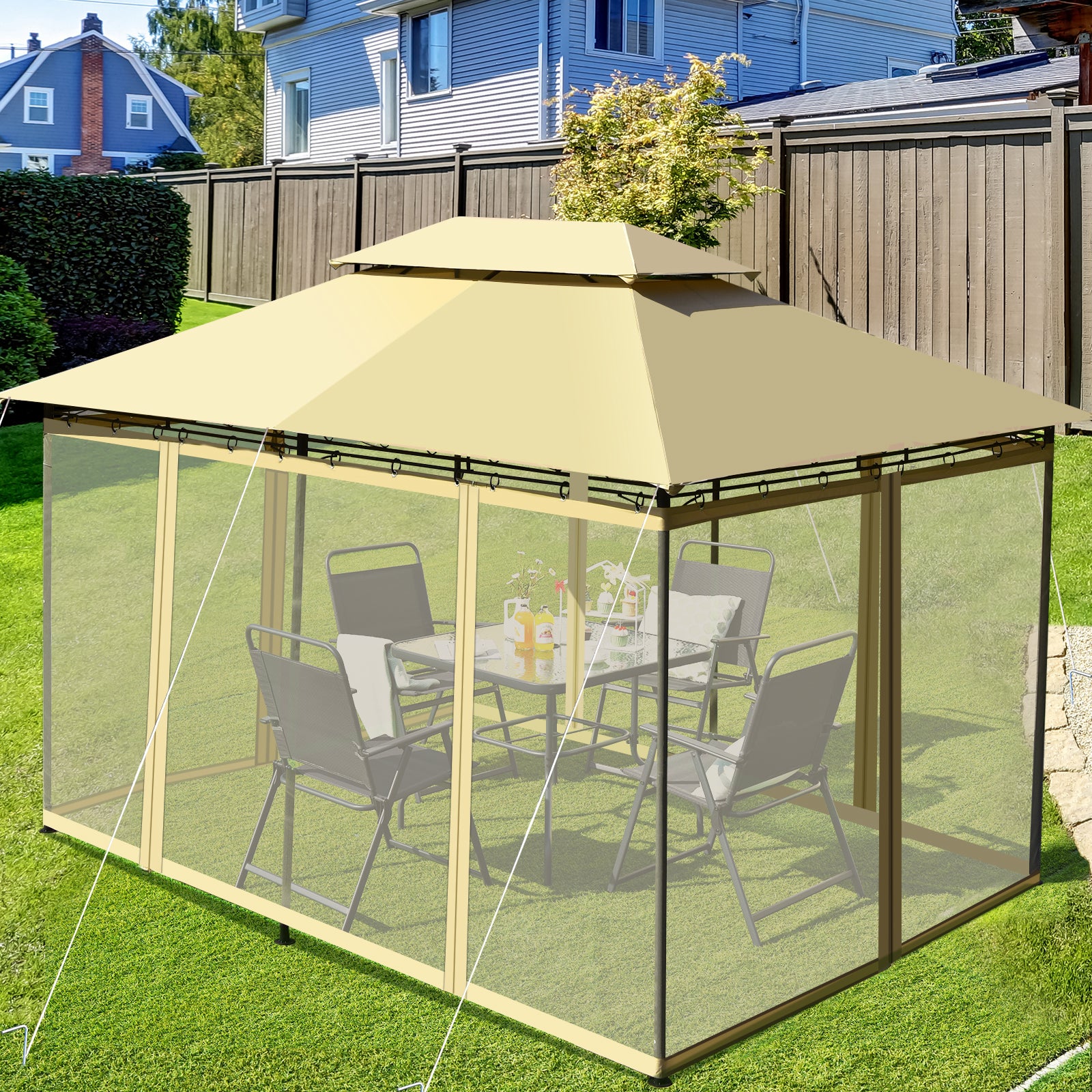 Garden Gazebo with Removable Mesh Side Walls for Patio Backyard -Beige