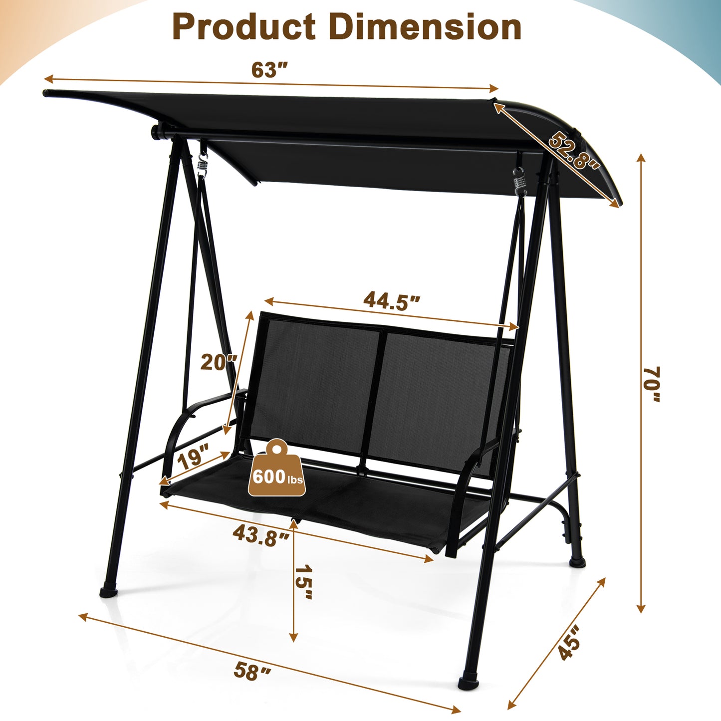 2-Seat Outdoor Swing with Adjustable Canopy-Black