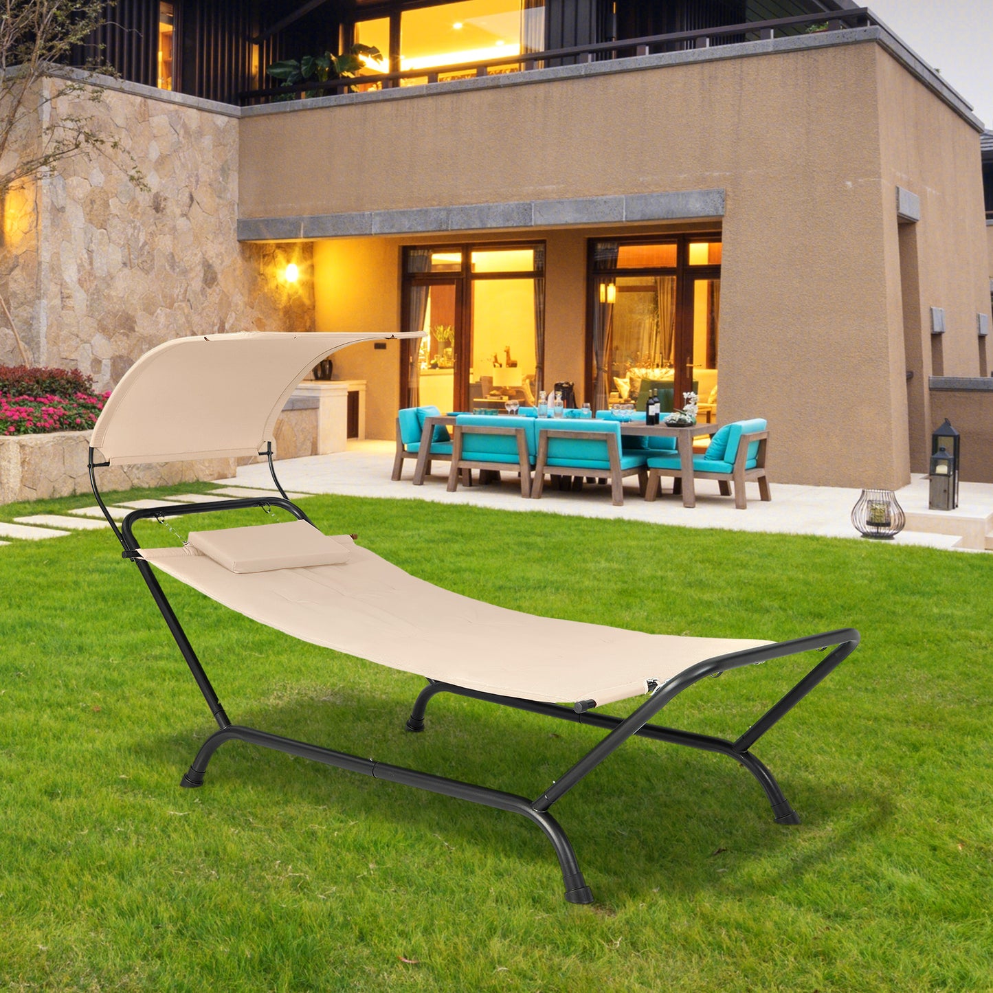 Outdoor Hammock with Stand Cushion and Canopy for Garden Lawn-Beige