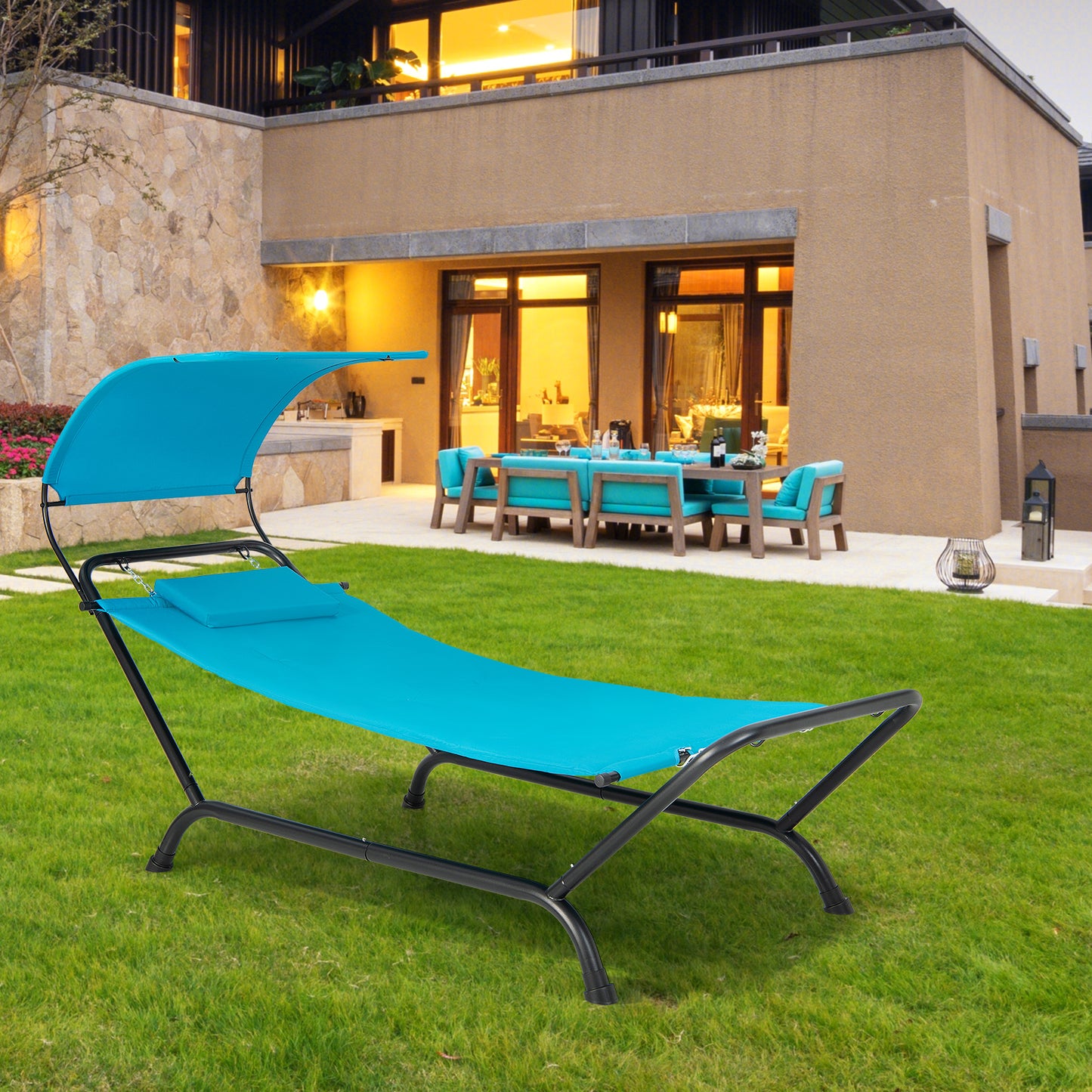 Outdoor Hammock with Stand Cushion and Canopy for Garden Lawn-Blue