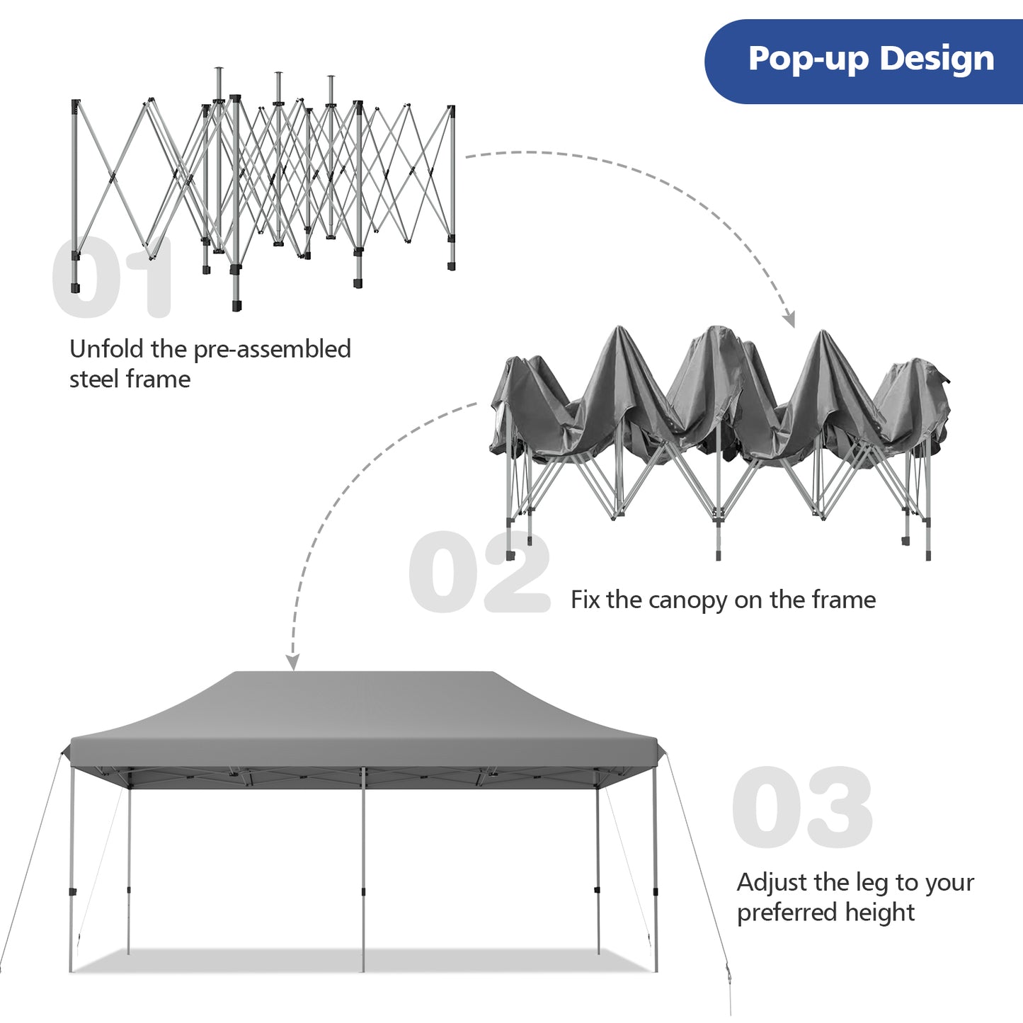 6 x 3m Pop Up Gazebo with 3 Height Positions and Wheeled Storage Bag-Grey