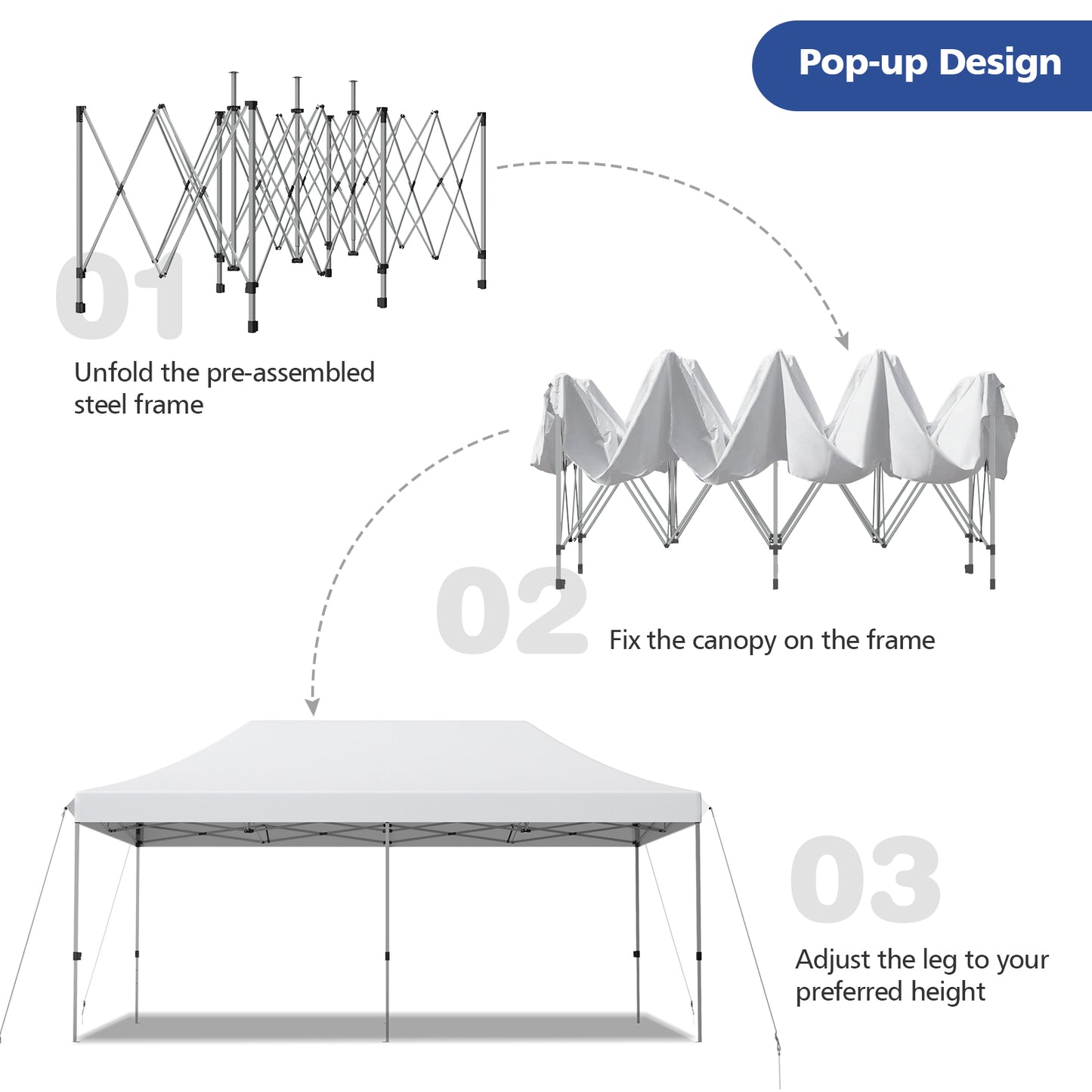 6 x 3m Pop Up Gazebo with 3 Height Positions and Wheeled Storage Bag-White