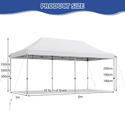 6 x 3m Pop Up Gazebo with 3 Height Positions and Wheeled Storage Bag-White