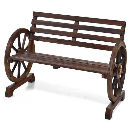 Wooden Wagon Wheel Bench with Rustic Retro Design for Garden-Brown