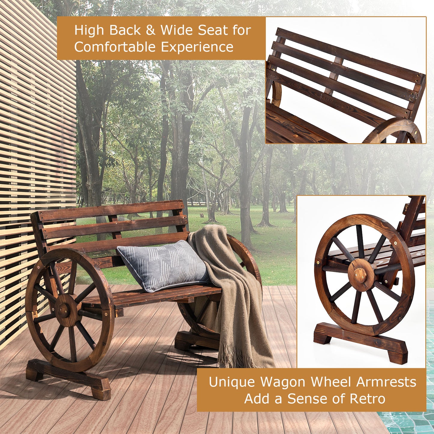 Wooden Wagon Wheel Bench with Rustic Retro Design for Garden-Brown