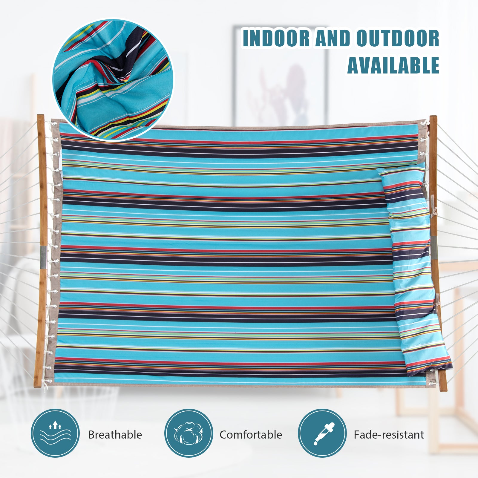 2 Person Double Hammock with Detachable Pillow for Tree-Blue