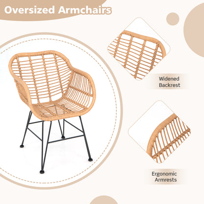  3 Piece Patio Rattan Set with 2 Cushioned Chairs and Tempered Glass Table-Gray