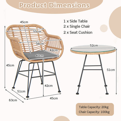  3 Piece Patio Rattan Set with 2 Cushioned Chairs and Tempered Glass Table-Gray