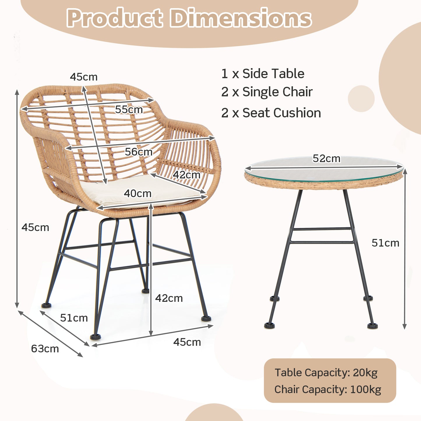  3 Piece Patio Rattan Set with 2 Cushioned Chairs and Tempered Glass Table-White