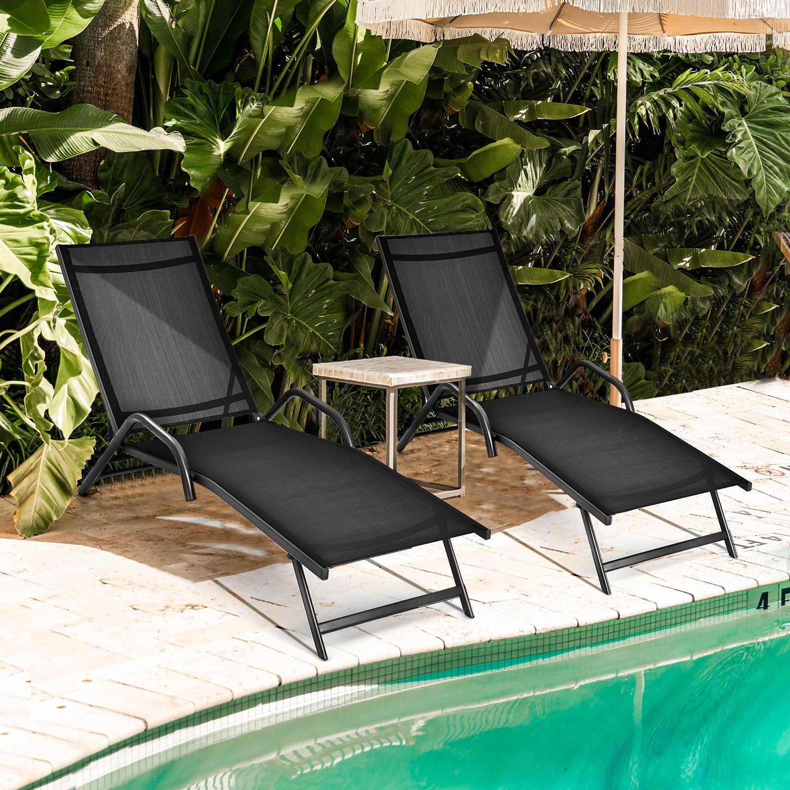 Set of 2 Outdoor Chaise Lounge Chairs with Breathable Seat-Black